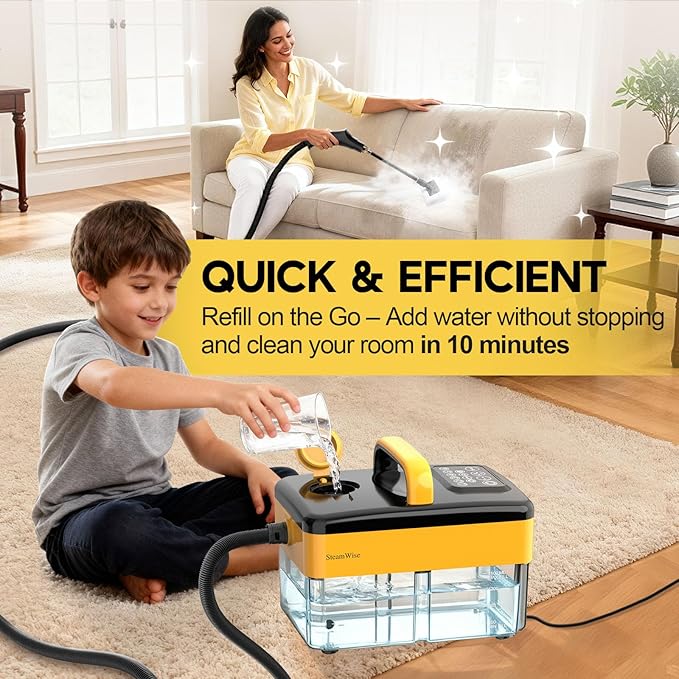 10S Fast Heating Heavy Duty Steam Cleaner 7 Adjustable Levels, 1.6 Quarts Tank, Continuous Spray, Natural Deep Cleaner, Portable Handheld Steamer with 15 Accessories for Home, Car, Tile (Yellow)