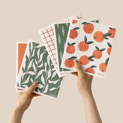 RECYCO Swedish Dishcloths for Kitchen | 5 Pack Peachy Leaves Washable Dish Rags | Cellulose Reusable Cleaning Paper Towels | Absorbent Counter Dish Cloth Sponge Kitchen Wipes, 8" L x 7" W