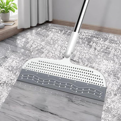 PRATIQUE 53.5-Inch White Rubber Broom Squeegee with 180 Rotating Head, Long Handle Multifunction Scraping Silicone Broom Floor Sweeper, Pet Hair Remover, Window, Mirrors, Tile Cleaning