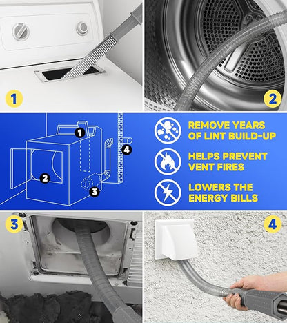Dryer Vent Cleaner Kit - Flexible Dryer Lint Vacuum Hose Attachment - Lint Remover Compatible with All Vacuum Cleaner Laundry Room (Transparent Gray)
