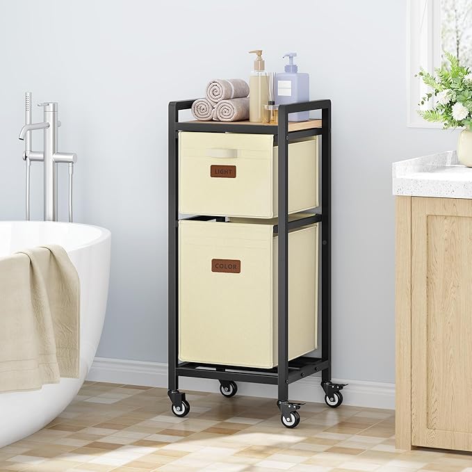 FAVOOSTY Laundry Hamper with Shelf, 70L Laundry Basket Organizer, 2 Section Laundry Sorter for Laundry Room Organization, White