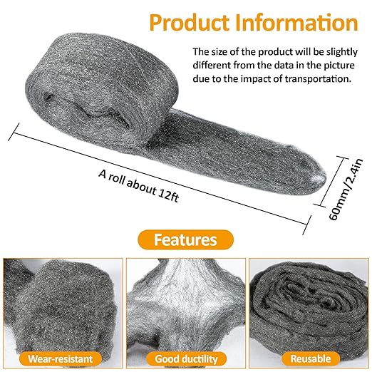 Sukh Steel Wool 0000 25oz(50ft) - 0000 Steel Wool for Glass Fine Steel Pads for Chrome or Wood Polishing Weep Hole Covers for Brick Walls Fill Fabric Metal Fabric Pad Mice Control