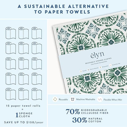 ELYN Swedish Dishcloths, Reusable & Washable Sponge Cloths, Absorbent Cleaning Paper Towels for Kitchen, Dishes, Counters and More, 5 Pack, Assorted Bohemian Patterns