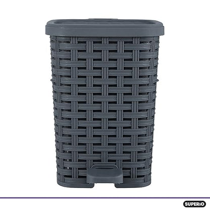 Superio Mini Trash Can with Foot Pedal Small Outdoor Garbage Can with Lid, 1.5 Gallon Plastic Waste Basket for Bathroom, Bedroom, Kitchen, Office, Patio (Wicker Grey 6 QT.)