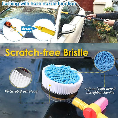 Rotating Car Wash Brush with Soap Dispenser, Automatic Rotary Car Wash Mop Soft Exterior Car Cleaning Brush Kit Garden Hose Flow Through Scrub Brush to Wash Car Truck RV (Long Handle)