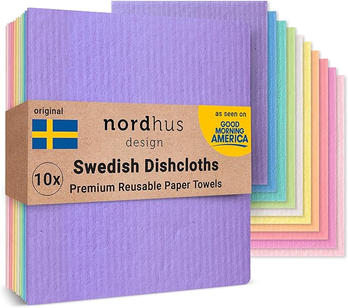 Nordhus Design Swedish Dishcloths for Kitchen – 10 Pack Reusable Sponge Cloths, Eco Friendly Cellulose Cotton Cleaning Cloth, Super Absorbent Biodegradable Paper Towel Alternative for Kitchen, Dishes