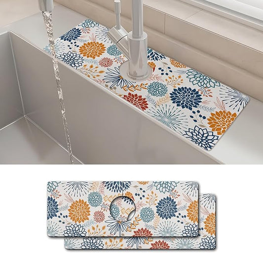 2PCS 15" X 5.5" Kitchen Sink Splash Guard Faucet Mat Mandala Super Absorbent Fast Drying Faucet Guard & Draining Mat Sink Splash Guard Behind Faucet for Kitchen, Bathroom