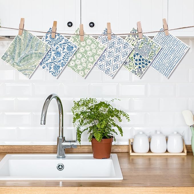 AnyDesign 6 Pcs Green Blue Floral Swedish Dishcloths Spring Flower Cotton Kitchen Towel Reusable Absorbent Dish Towel for Home Kitchen Housewarming Cleaning, 7 x 8 Inch