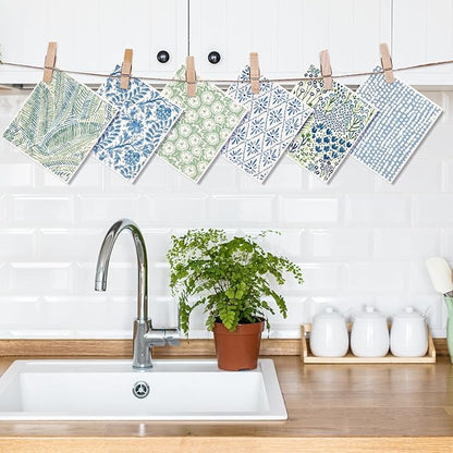 AnyDesign 6 Pcs Green Blue Floral Swedish Dishcloths Spring Flower Cotton Kitchen Towel Reusable Absorbent Dish Towel for Home Kitchen Housewarming Cleaning, 7 x 8 Inch