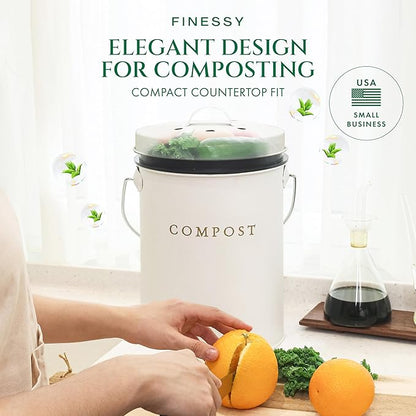 White 1.3 Gallon Indoor Compost Bin Kitchen Odorless with Lid for Composting Food Waste Bucket for Counters, Stainless Steel Kitchen Compost Bin Countertop Trash Can Scrap Container Composter Caddy