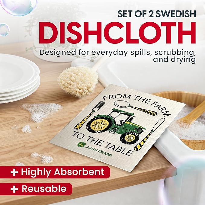 Wet-It! John Deere 2-Pack Sponge Cloths for Farmhouse Kitchen Décor, Absorbent Dishcloths for Cooking, Cleaning & Baking, Rustic Country Design for Everyday Use (Farm to Table)