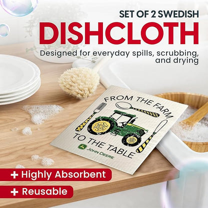 Wet-It! John Deere 2-Pack Sponge Cloths for Farmhouse Kitchen Décor, Absorbent Dishcloths for Cooking, Cleaning & Baking, Rustic Country Design for Everyday Use (Farm to Table)