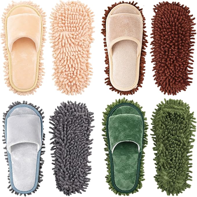 Jecery 4 Pair Washable Microfiber Mop Slippers Detachable Dusting Shoes for Floor Cleaning, Office & Home Use Suitable for Women & Men(Beige,Brown,Black,Grass Green,M Size)