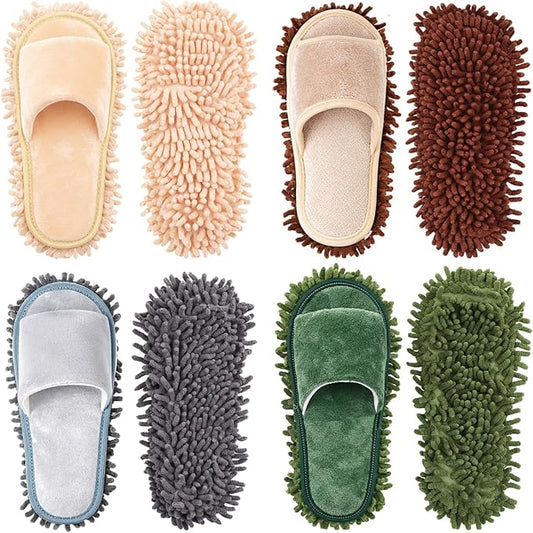 Jecery 4 Pair Washable Microfiber Mop Slippers Detachable Dusting Shoes for Floor Cleaning, Office & Home Use Suitable for Women & Men(Beige,Brown,Black,Grass Green,M Size)