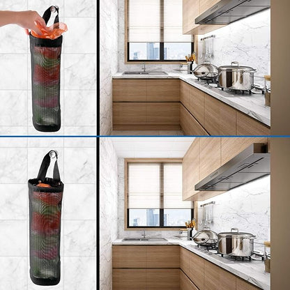 Hanging Folding Mesh Garbage Bag Organizer Trash Bags Holder Recycling Containers Plastic Waste Bag Storage for Kitchen With Adhesive wall hooks (Black)-2pcs