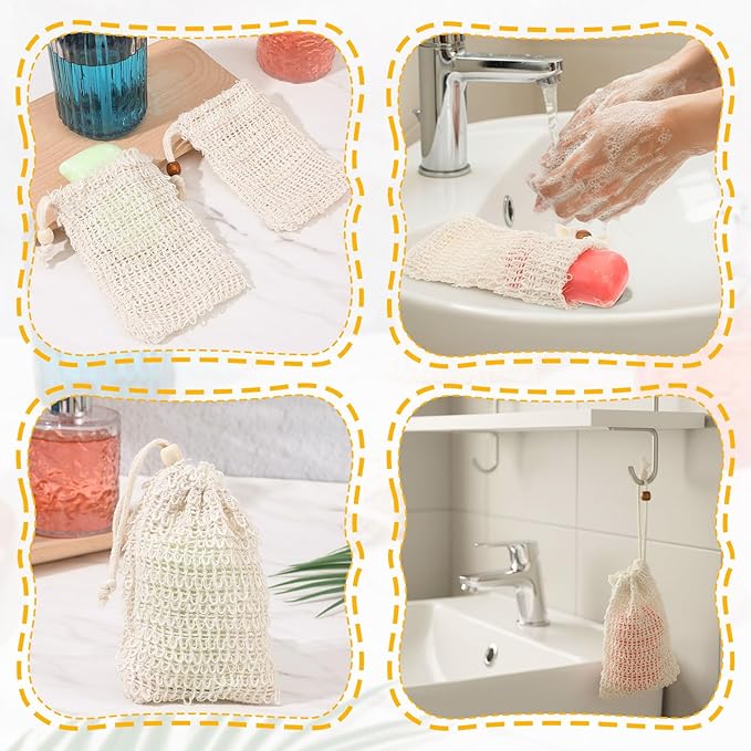 6 Pack Soap Bag, Natural Sisal Soap Saver Bag Exfoliating Sisal Soaps Pouch with Drawstring Bar Shower Soaps Saver Bags Foaming and Drying Holder for Shower