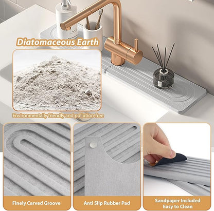 Kitchen Sink Faucet Mat, Diatomaceous Earth Quick Dry Sink Splashback Drying Mat, Kitchen Faucet Super Absorbent Mat, Quick-Drying Water Absorbing Stone Tray (Light Gray, 18.1" x 3.9")