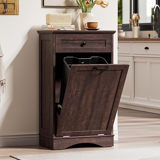AHB 13 Gallons Tilt Out Trash Cabinet Hidden Trash Can Cabinet Freestanding Garbage Recycling Cabinet with Hideaway Drawer Pet Proof Trash Bin for Kitchen Living Room, Brown