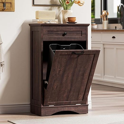 AHB 13 Gallons Tilt Out Trash Cabinet Hidden Trash Can Cabinet Freestanding Garbage Recycling Cabinet with Hideaway Drawer Pet Proof Trash Bin for Kitchen Living Room, Brown