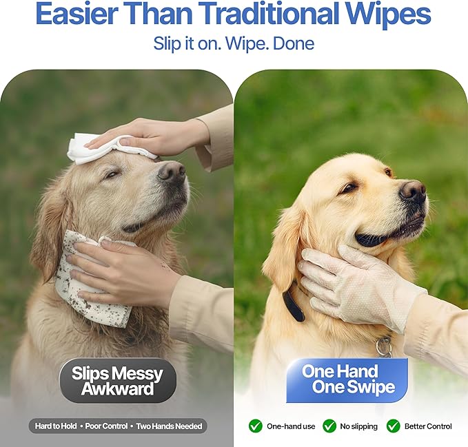 Pet Cleaning Glove Wipes for Dogs & Cats - Hypoallergenic Coconut Infused No-Rinse Dog Washing Gloves - Deodorizing Grooming Mitts - Puppy and Cat Cleaning Wipes - 20 Count