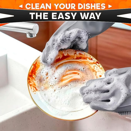 ALPENKOK Silicone Dishwashing Gloves with Scrubber – Non-Slip Silicone Gloves wor Washing Dishes | Household Use