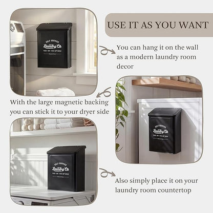 MONJITA Magnetic Lint Bin for Laundry Room, Wall Mounted Lint Trash Can with Lid for Dryer, Laundry Room Organization and Storage with Brush(Black)