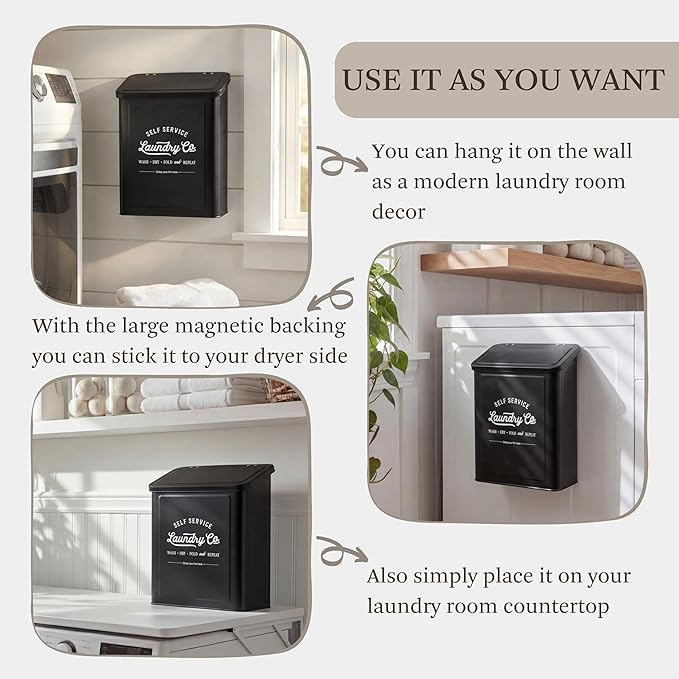 MONJITA Magnetic Lint Bin for Laundry Room, Metal Trash Can with Lid for Dryer, Farmhouse Lint Holder, Laundry Co Sign, Laundry Room Storage Decor with Dryer Lint Brush (Black-Dryer Ball Set)