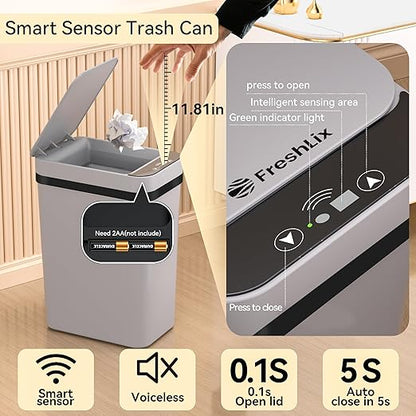 FRESHLIX 3 Pack Bathroom Trash Can 2.6 Gallon Small Touchless Automatic Motion Sensor Trash Cans Slim Waterproof Garbage Bin with Lid for Kitchen, Office, Bedroom Black White Grey