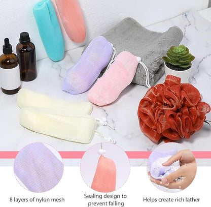 12Pcs Random Color Exfoliating Mesh Soap Pouch Bubble Foam Net Bag for Body Facial Cleaning Tool,for Shower Saver Pouch Drawstring Foaming Net Soap Bag Used Repeatedly Easy to Store Cleansers