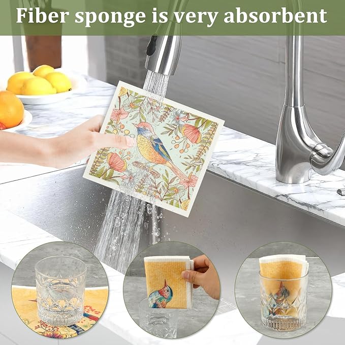 6Pcs Swedish Dishcloths for Kitchen, Quick-Drying Reusable Paper Towels, Absorbent Washable Kitchen Dish Rags, Soft Cellulose Sponge Cloths for Countertop Sink Flower Bird (6pcs Birds)