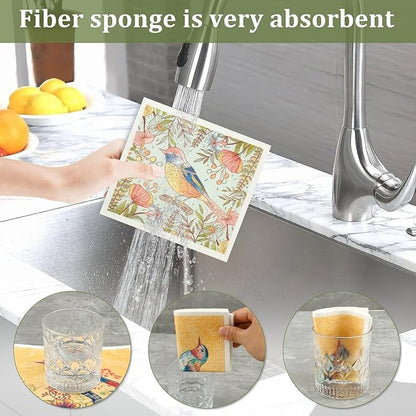 12Pcs Swedish Dishcloths for Kitchen, Quick-Drying Reusable Paper Towels, Absorbent Washable Kitchen Dish Rags, Soft Cellulose Sponge Cloths for Countertop Sink Flower Bird (12pcs Birds)
