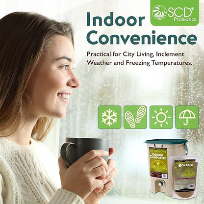All Seasons Indoor Composter Starter Kit - Two Family-Sized Composting Bins for Kitchen Countertop and Bokashi Bran Starter 5 lb (2 gallons), Easily Compost Food After Every Meal, Odor Free