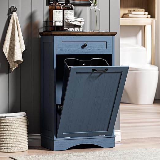 AHB 13 Gallons Tilt Out Trash Cabinet Hidden Trash Can Cabinet Freestanding Garbage Recycling Cabinet with Hideaway Drawer Pet Proof Trash Bin for Kitchen Living Room, Blue