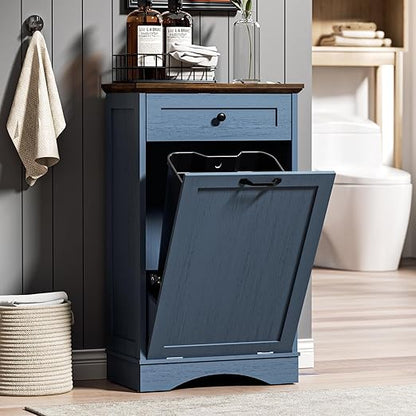 AHB 13 Gallons Tilt Out Trash Cabinet Hidden Trash Can Cabinet Freestanding Garbage Recycling Cabinet with Hideaway Drawer Pet Proof Trash Bin for Kitchen Living Room, Blue