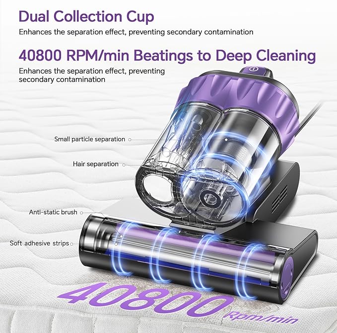 Mattress Vacuum Cleaner 18Kpa Bed Vacuum Cleaner with Smart Dust Sensor,253.7nm UV-C Light,HEPA Filter,150°F Heat,500W Powerful Handheld,for Bed,Sofa,Couch,Crib Gift Ideas for Women