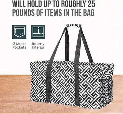 Extra Large Utility Tote Bag - Oversized Collapsible Reusable Wire Frame Rectangular Canvas Basket With Two Exterior Pockets For Beach, Pool, Laundry, Car Trunk, Storage - Geometrc Black