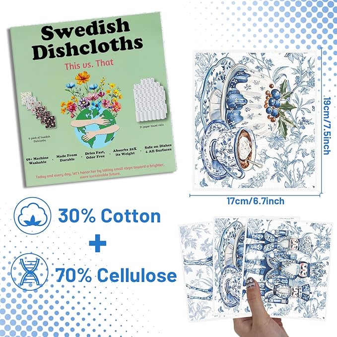 Christmas Swedish Dishcloths for Kitchen - 6PCS Blue Christmas Swedish Cloths for Washing Dishes, Nutcracker Snowman Washable Cleaning Sponge Gifts, Xmas Reusable Dish Towels for Home