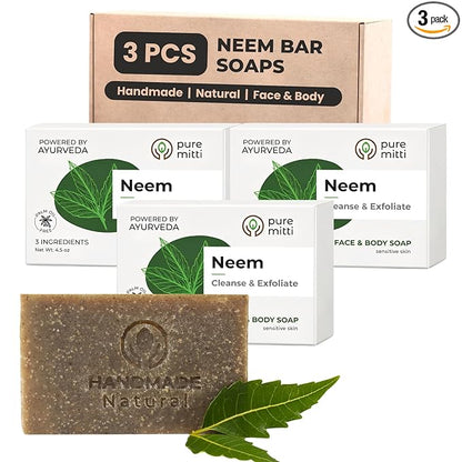 Neem Soap Bars [4.5 oz x 3 Pcs.] Organic Ayurvedic Soap for Face & Body with Neem, Castor Oil & Coconut Oil – Cold Process, Plastic-Free, Herbal Cleansing