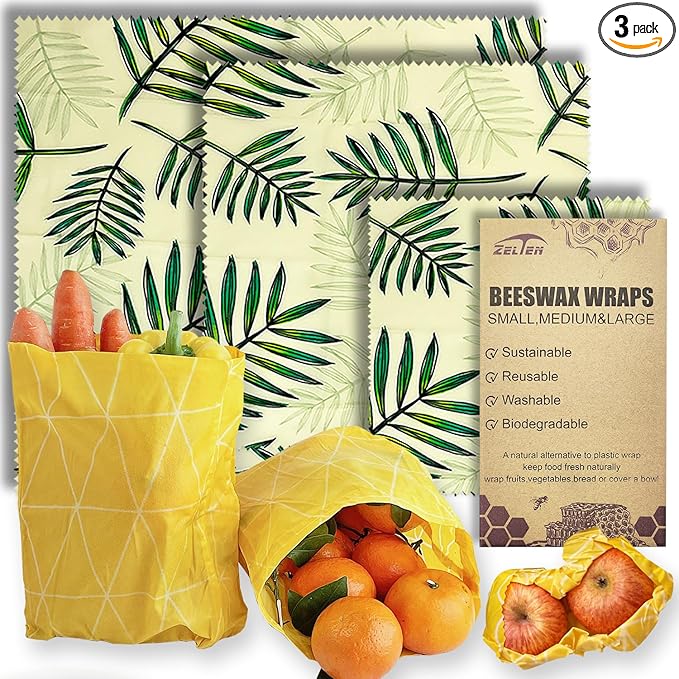 Zelten Beeswax Reusable Food Wraps - (3 Packs, 3 Sizes S,M,L) Plastic and Silicone Free, Eco-friendly Wrap, Wax Paper for Food,Bamboo Palm