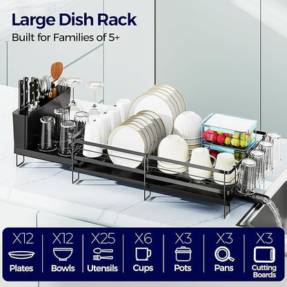 Large Dish Drying Rack, Expandable Dish Rack for Kitchen Counter, Dish Drainer with Drainboard Set, Multifunctional Dishrack with Utensil & Cup Holder, 13.4"-28.7" L x 11.8" W x 7.8" H, Black