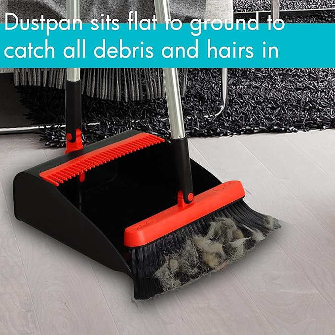 2-Pack Broom and Dustpan Combo Set, with 48" Adjustable Long Stainless Handles, Stand Up Dustpan with Self-Cleaning Teeth, Ideal for Home, Office, Kitchen, Indoor & Outdoor Use, Black