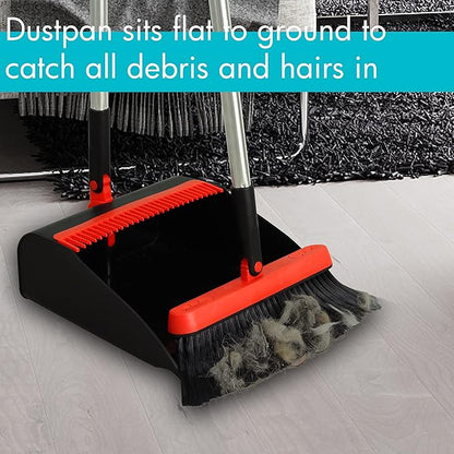 2-Pack Broom and Dustpan Combo Set, with 48" Adjustable Long Stainless Handles, Stand Up Dustpan with Self-Cleaning Teeth, Ideal for Home, Office, Kitchen, Indoor & Outdoor Use, Black