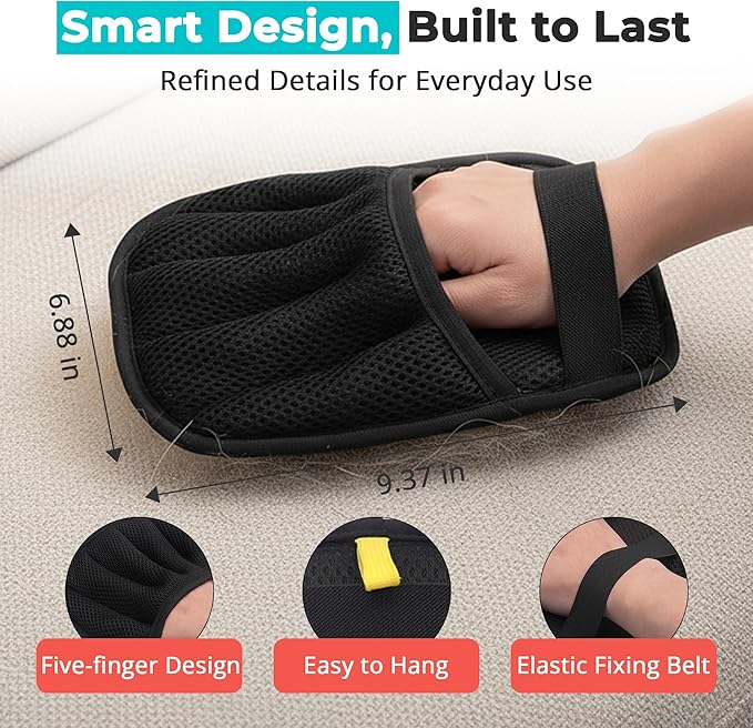 Pet Hair Removal Gloves for Dogs and Cats, Reusable Electrostatic Grooming Tool, 2-Piece Set for Furniture, Clothing, Car Seats Reusable 2-in-1 Design, 2 Pack