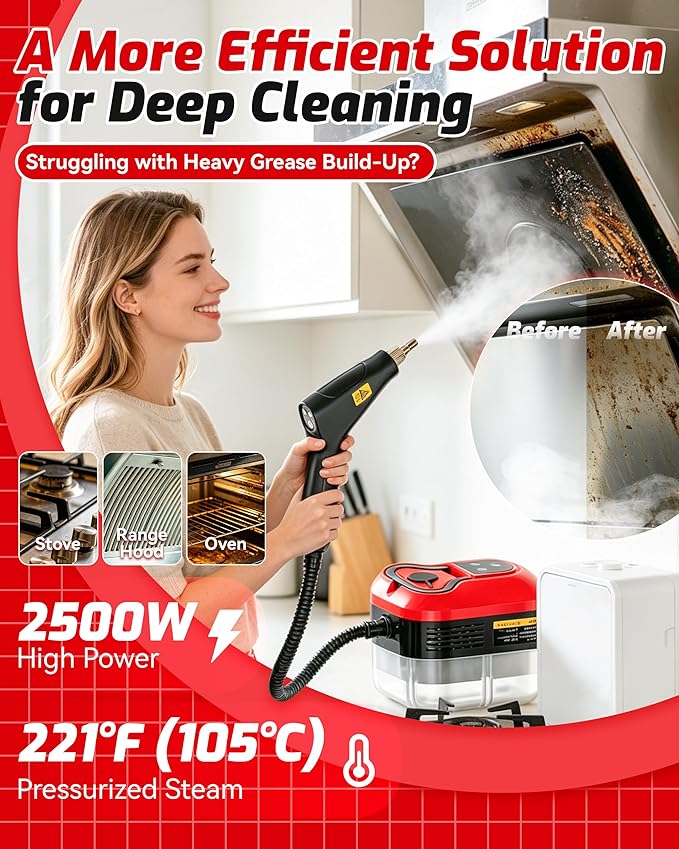 Handheld, 2500w Handheld High-Temperature Pressurized Steam Cleaner, 15s Fast Heating, 6-Level Adjustable Settings for Car, Kitchen, Bathroom, Furniture, Windows (Red)