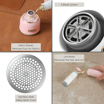 SALAV® Retro Edition 2-in-1 Rechargeable Fabric Shaver and Lint Roller, 6-Blade System, Removes Fuzz and Pilling on Fabrics, Includes Charging Cable (Rose)