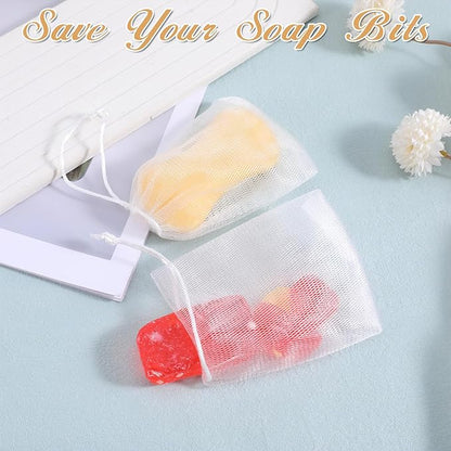 40 PCS Mesh Soap Bags, Exfoliating Soap Pouch with Drawstring, Bubble Mesh Net Bags Soaps Bag for Shower and Face Cleansing, White