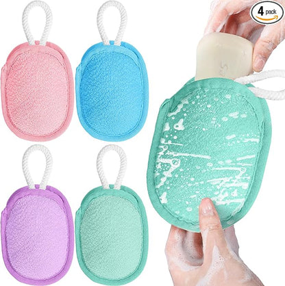 Sunnyray 4 Pcs Bath Body Exfoliating Soap Saver, Exfoliator Scrubber Pouch, Bath Loofah Sponge Body Scrubber Shower Sponge Exfoliating Mesh Pouf for Women and Men Bathing (Bright Color)