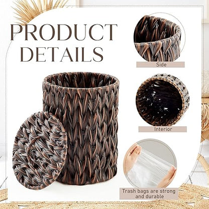 Ctosree 1.3 Gallons Small Trash Can with Lid Handle Boho Woven Braided Bathroom Waste Basket Trash Can with 100 Garbage Bags for Bedroom Office Laundry(Braided Polypropylene, Dark Brown)