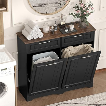 Double 10 Gallon Tilt Out Trash Can Cabinet with Deodorizing Function and Power Outlet, Wooden Hidden Garbage Can Holder with 2 Storage Drawers for Kitchen, Laundry Hamper Cabinet for Bathroom, Black