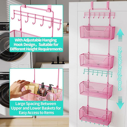 HapiRm Over Door Organizer Storage - Hanging Door Organizer with 4 Metal Large Capacity Baskets and Adjustable Coat Hook for Bathroom Bedroom Kitchen Pantry Closet Cabinet